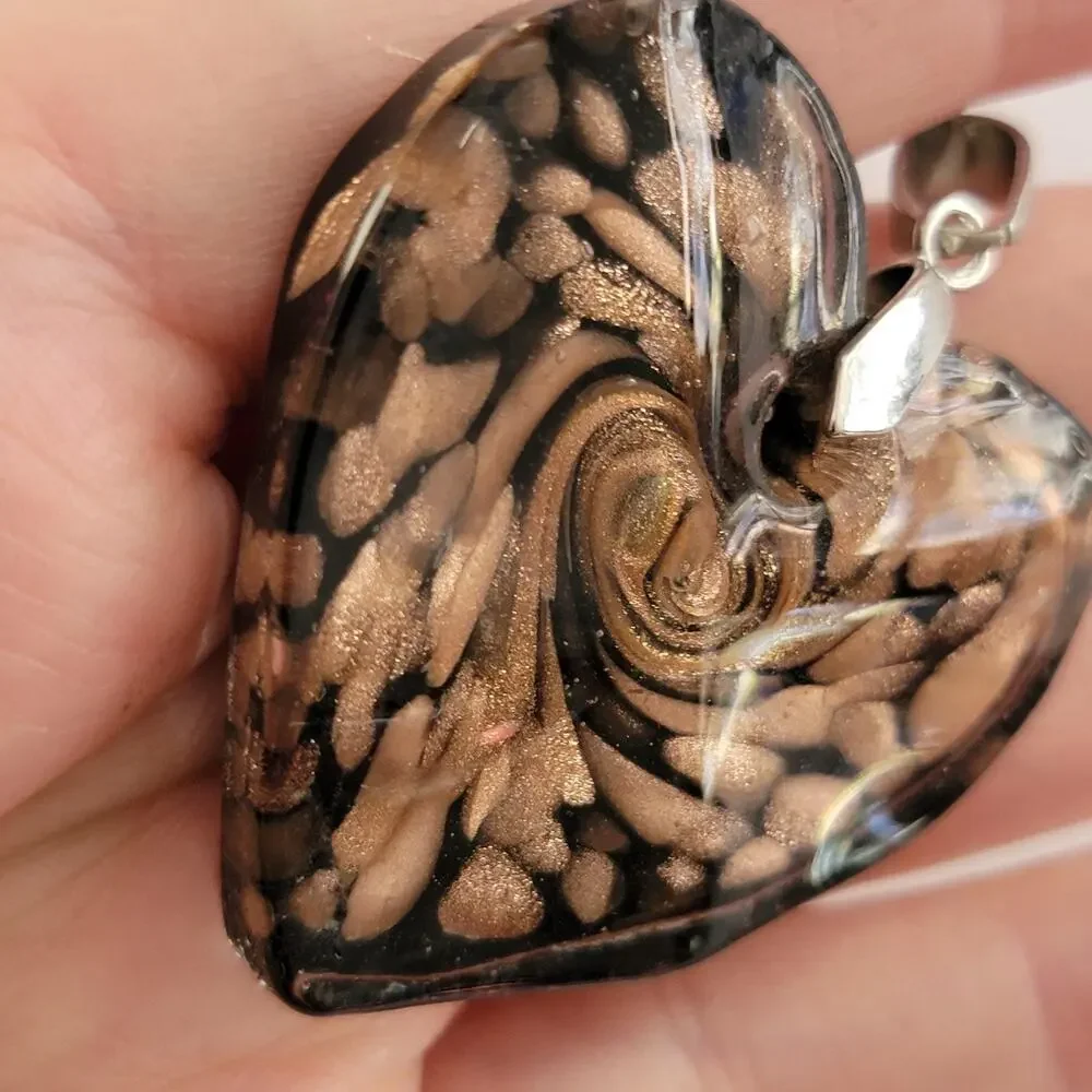 Womens Watch Black Copper Swirl Heart Glass Pendant Silver Bail Fashion